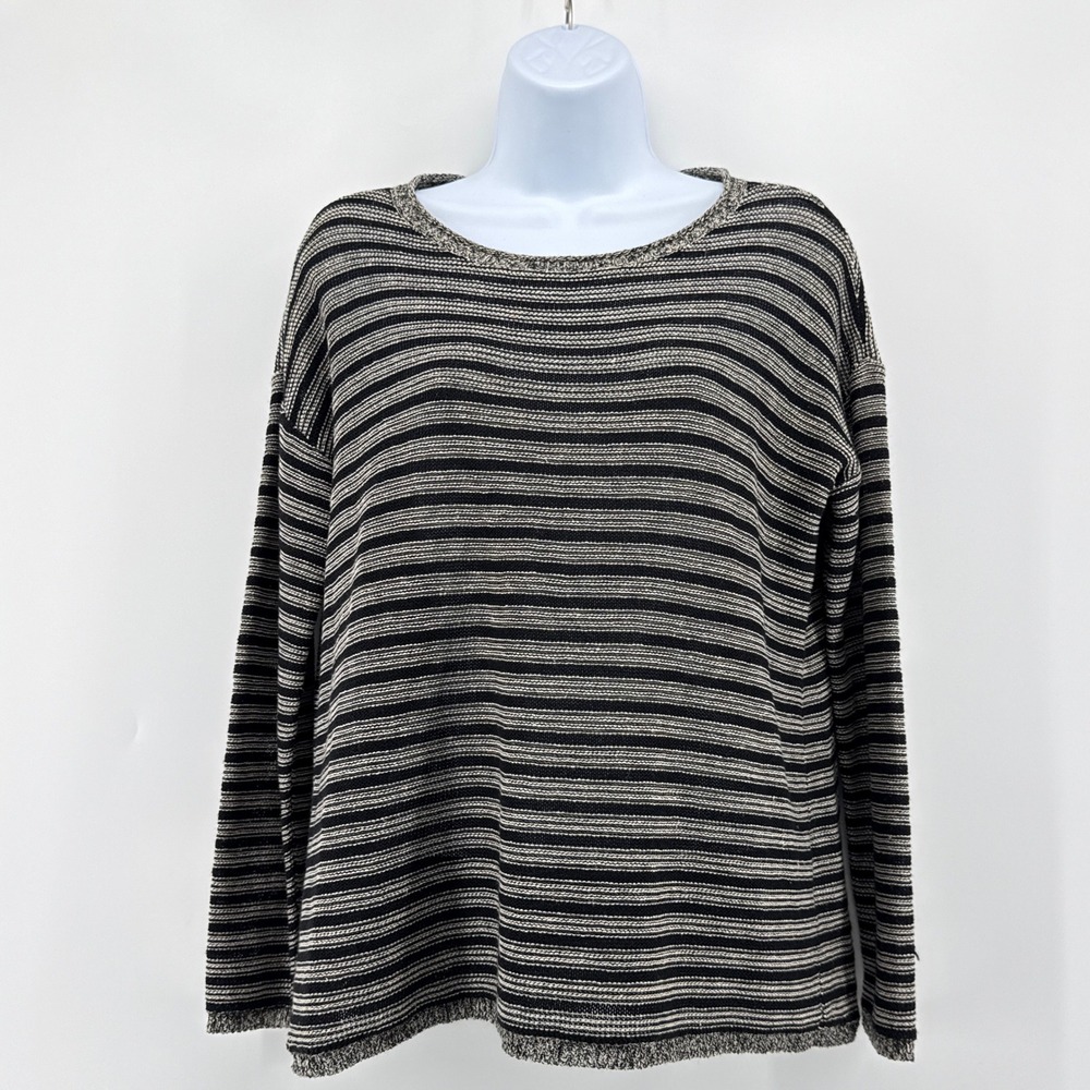 Eileen Fisher Petite Striped Wool Linen Sweater Italian Yarn Black Cream PS